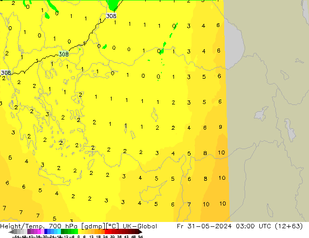 Height/Temp. 700 hPa UK-Global ven 31.05.2024 03 UTC