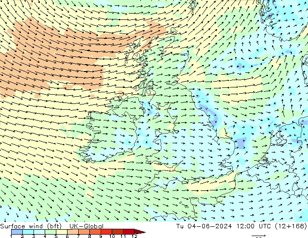 Vento 10 m (bft) UK-Global Ter 04.06.2024 12 UTC