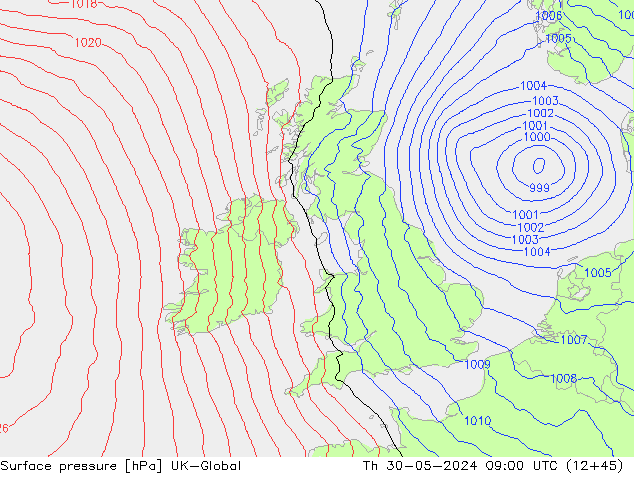 Surface pressure UK-Global Th 30.05.2024 09 UTC