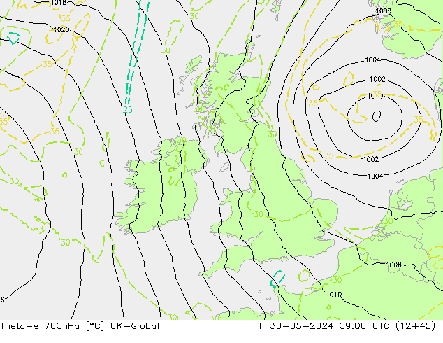 Theta-e 700hPa UK-Global Qui 30.05.2024 09 UTC