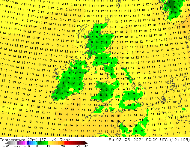 Temperature (2m) UK-Global Su 02.06.2024 00 UTC