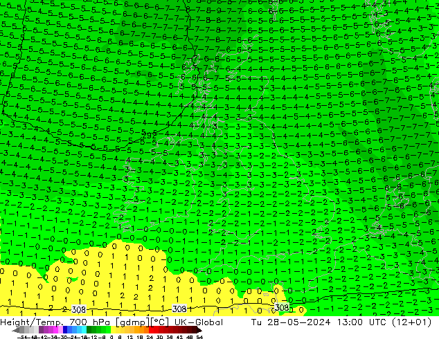 Height/Temp. 700 hPa UK-Global Út 28.05.2024 13 UTC