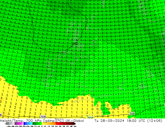 Height/Temp. 700 hPa UK-Global Di 28.05.2024 18 UTC