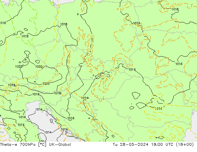 Theta-e 700hPa UK-Global Tu 28.05.2024 18 UTC