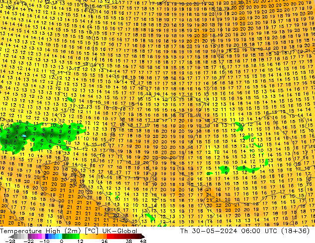 Max.temperatuur (2m) UK-Global do 30.05.2024 06 UTC