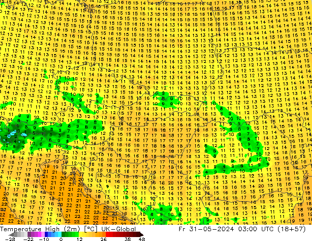 Max.temperatuur (2m) UK-Global vr 31.05.2024 03 UTC