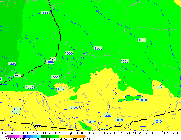 Dikte 500-1000hPa UK-Global do 30.05.2024 21 UTC