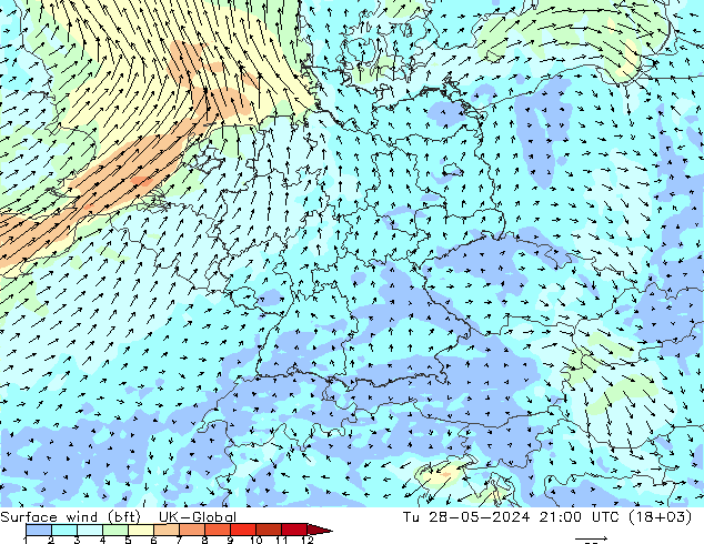 Surface wind (bft) UK-Global Tu 28.05.2024 21 UTC