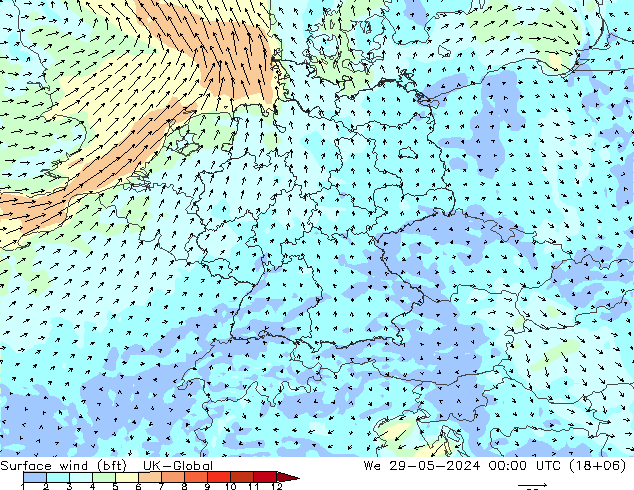 Vento 10 m (bft) UK-Global mer 29.05.2024 00 UTC