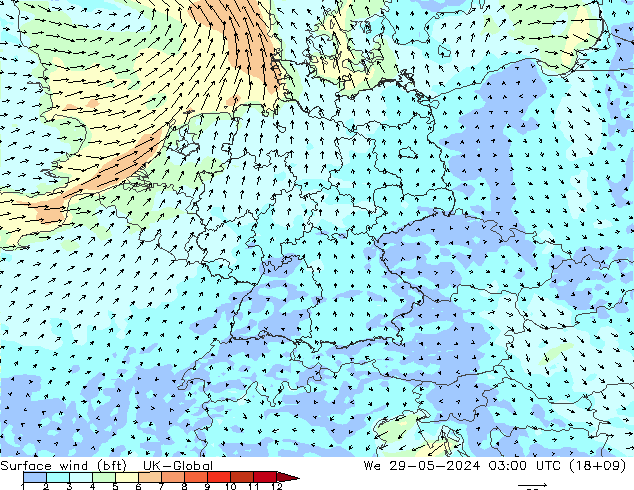 Vent 10 m (bft) UK-Global mer 29.05.2024 03 UTC