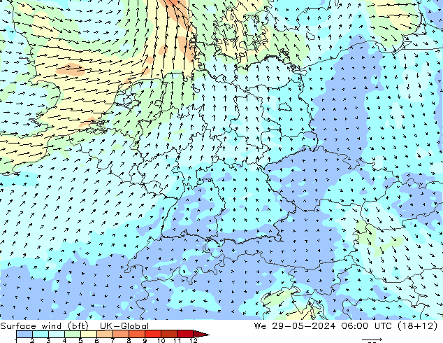 wiatr 10 m (bft) UK-Global śro. 29.05.2024 06 UTC