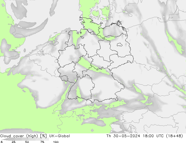Cloud cover (high) UK-Global Th 30.05.2024 18 UTC