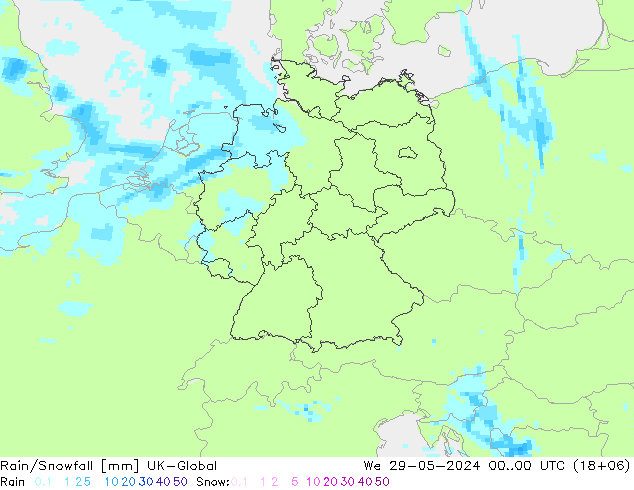 Rain/Snowfall UK-Global śro. 29.05.2024 00 UTC