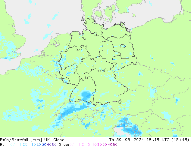 Rain/Snowfall UK-Global Qui 30.05.2024 18 UTC