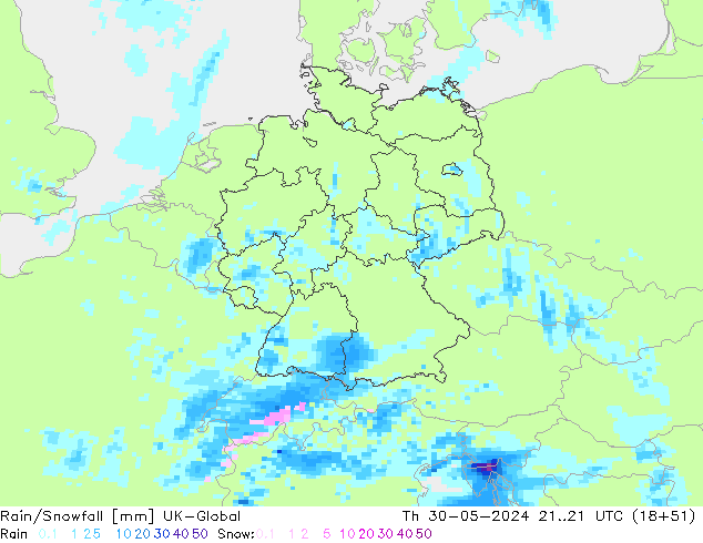 Rain/Snowfall UK-Global gio 30.05.2024 21 UTC