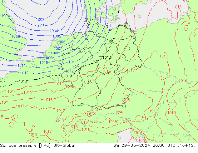 Surface pressure UK-Global We 29.05.2024 06 UTC