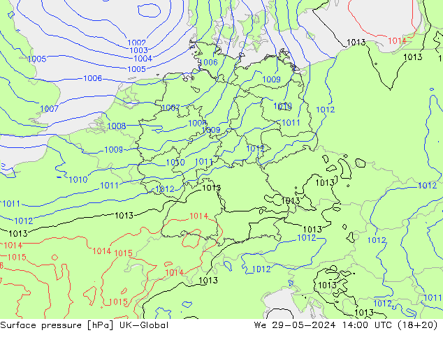 Surface pressure UK-Global We 29.05.2024 14 UTC