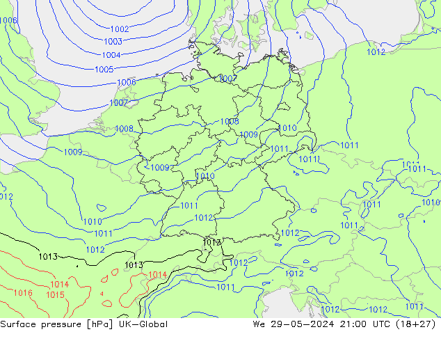 Surface pressure UK-Global We 29.05.2024 21 UTC