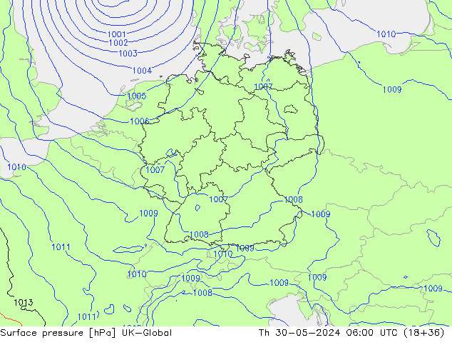 Atmosférický tlak UK-Global Čt 30.05.2024 06 UTC