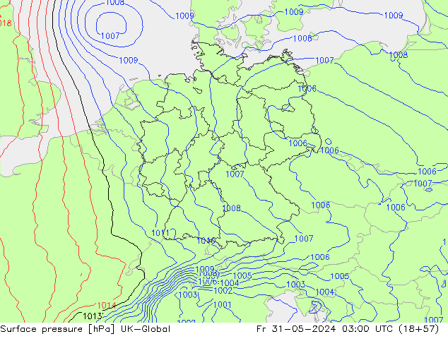 Pressione al suolo UK-Global ven 31.05.2024 03 UTC