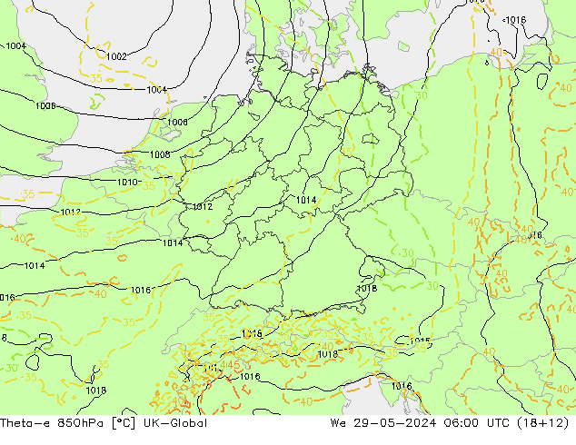 Theta-e 850hPa UK-Global śro. 29.05.2024 06 UTC
