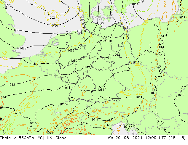 Theta-e 850hPa UK-Global St 29.05.2024 12 UTC