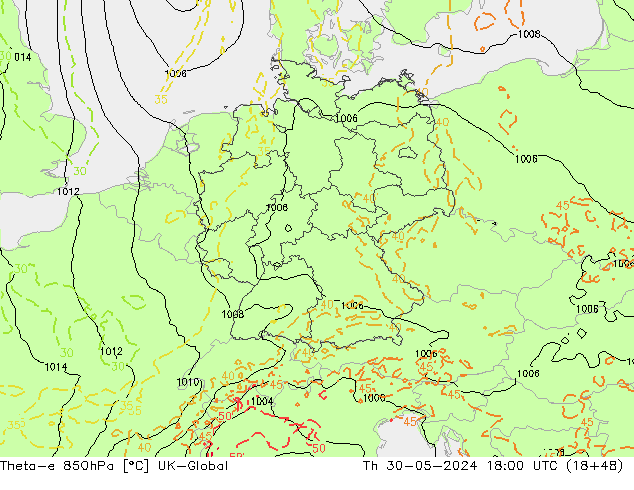 Theta-e 850hPa UK-Global Čt 30.05.2024 18 UTC