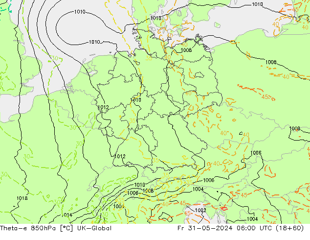 Theta-e 850hPa UK-Global ven 31.05.2024 06 UTC