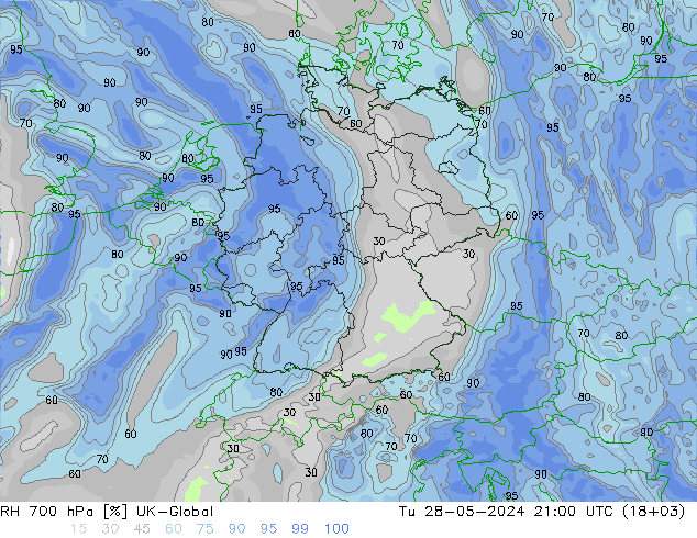 RH 700 hPa UK-Global Tu 28.05.2024 21 UTC