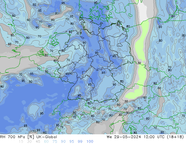 RH 700 hPa UK-Global We 29.05.2024 12 UTC