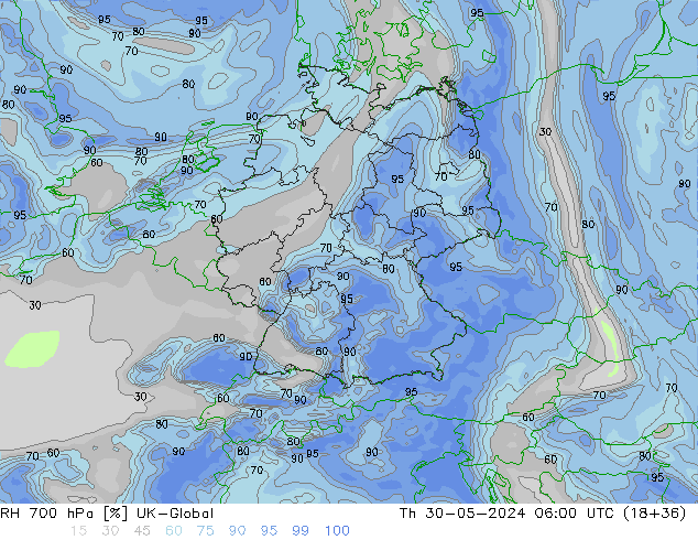 RH 700 hPa UK-Global Čt 30.05.2024 06 UTC