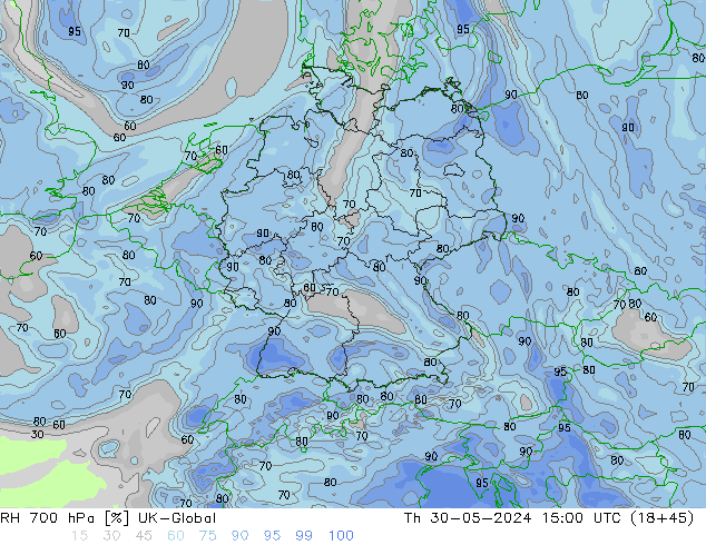 RH 700 hPa UK-Global Do 30.05.2024 15 UTC