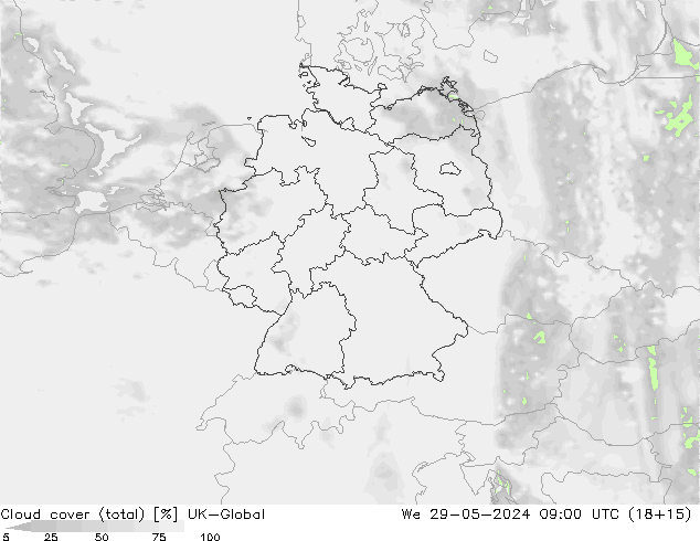 Bewolking (Totaal) UK-Global wo 29.05.2024 09 UTC