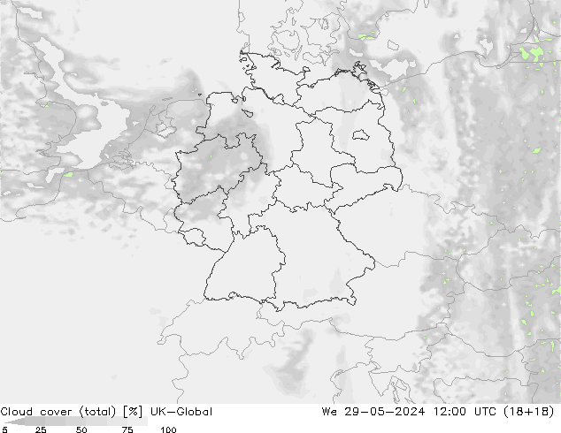 Bewolking (Totaal) UK-Global wo 29.05.2024 12 UTC