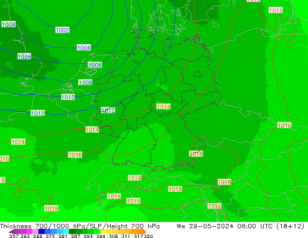 Schichtdicke 700-1000 hPa UK-Global Mi 29.05.2024 06 UTC