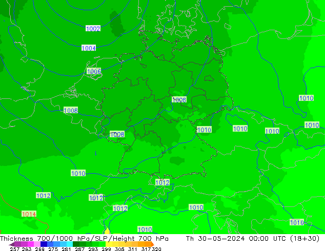 Thck 700-1000 hPa UK-Global Čt 30.05.2024 00 UTC