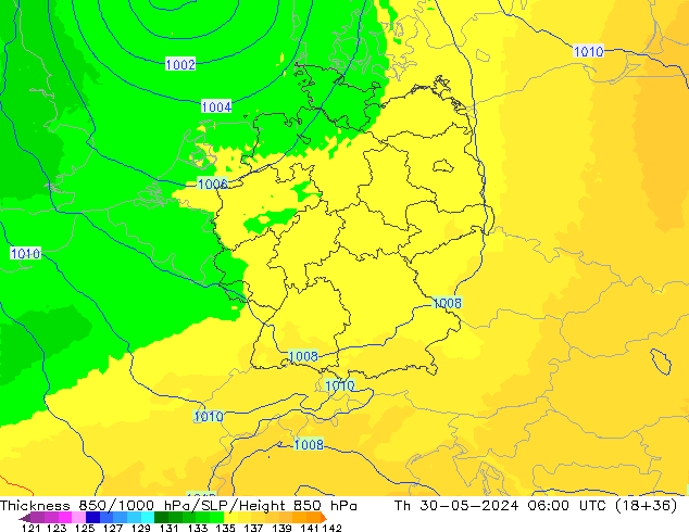 Dikte 850-1000 hPa UK-Global do 30.05.2024 06 UTC