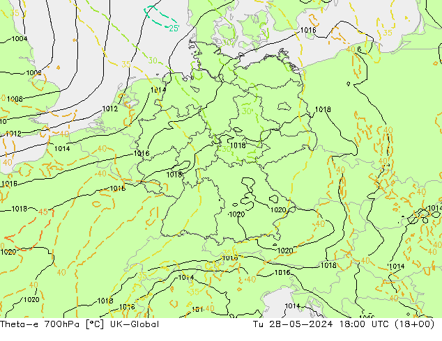 Theta-e 700hPa UK-Global Tu 28.05.2024 18 UTC