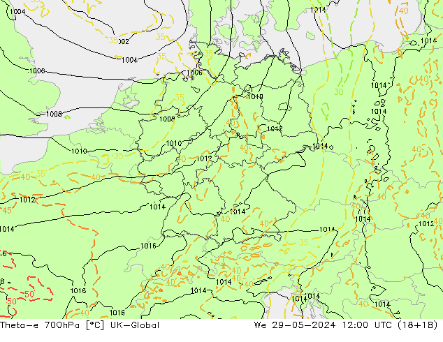 Theta-e 700hPa UK-Global wo 29.05.2024 12 UTC