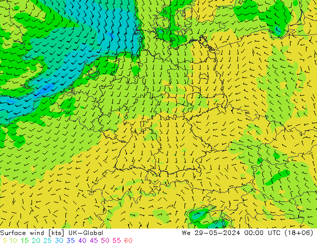 Vento 10 m UK-Global mer 29.05.2024 00 UTC