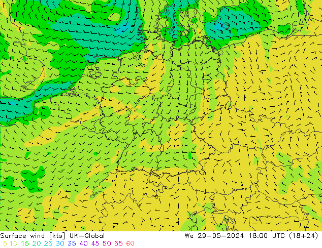 Surface wind UK-Global We 29.05.2024 18 UTC