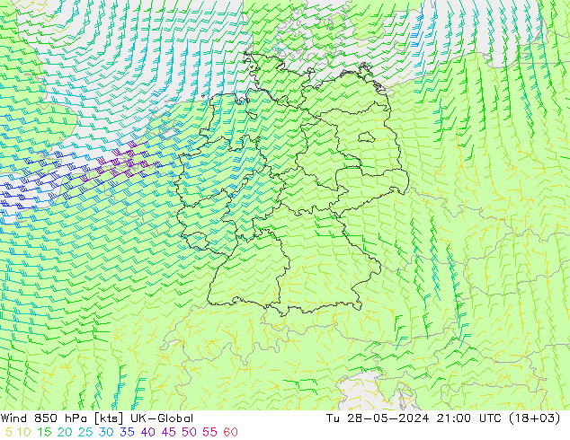 ветер 850 гПа UK-Global вт 28.05.2024 21 UTC