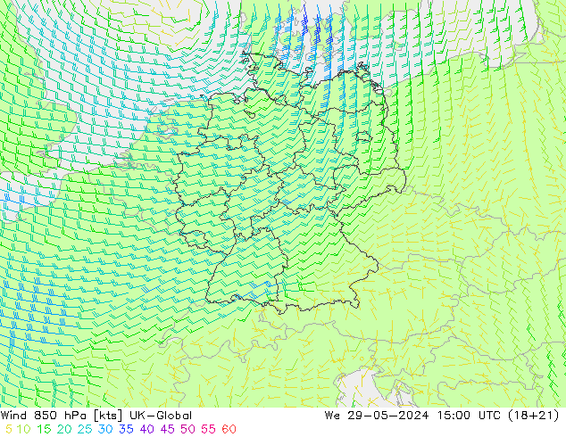 Wind 850 hPa UK-Global We 29.05.2024 15 UTC