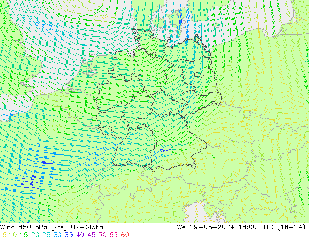 Wind 850 hPa UK-Global We 29.05.2024 18 UTC