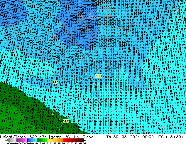 Height/Temp. 500 hPa UK-Global  30.05.2024 00 UTC