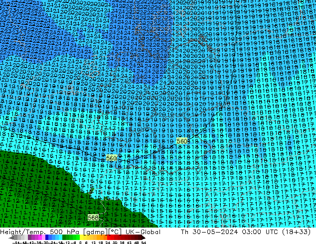 Height/Temp. 500 hPa UK-Global Qui 30.05.2024 03 UTC