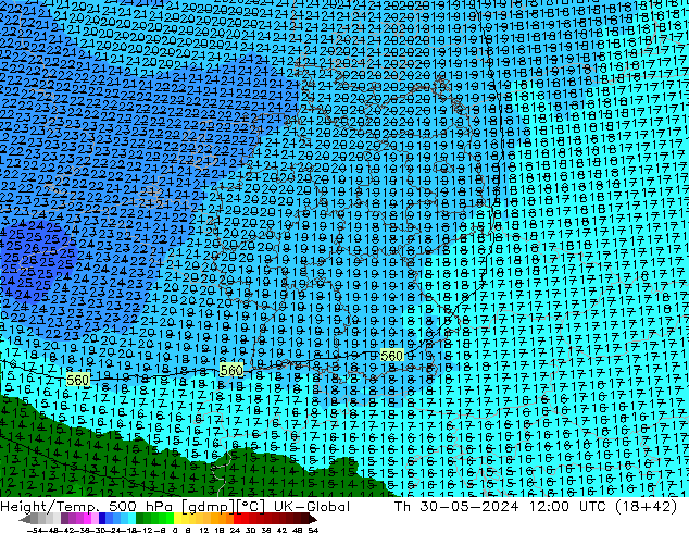 Height/Temp. 500 hPa UK-Global czw. 30.05.2024 12 UTC