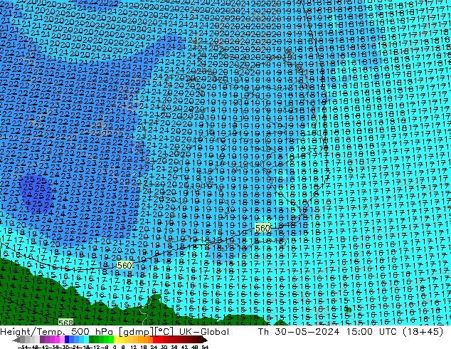 Height/Temp. 500 hPa UK-Global Th 30.05.2024 15 UTC