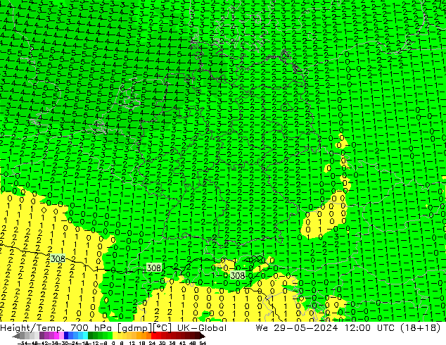 Height/Temp. 700 hPa UK-Global Mi 29.05.2024 12 UTC