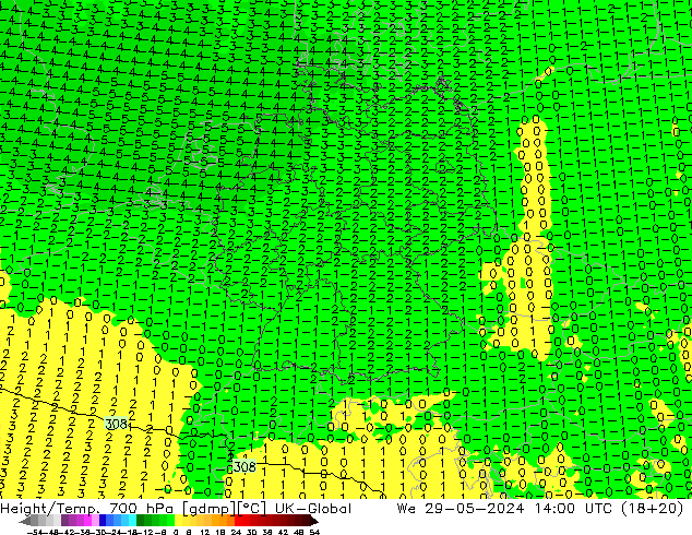 Height/Temp. 700 hPa UK-Global We 29.05.2024 14 UTC